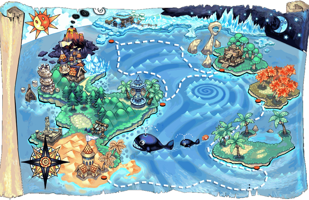 The illustrated world map of Genesys: islands, a volcano, an ice coast and a dashed sailing route
